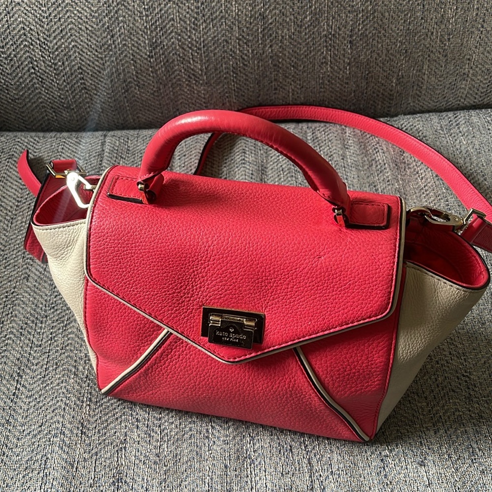 Kate Spade Color Block Coral & Tan Leather Crossbody With Top Handle Handbag - Picture 6 of 16